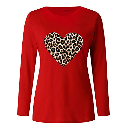 Womens Oversized Leopard Love Printed Sweatshirts Long Sleeve Cozy Breathable T-Shirts Heart-Shape Winter Warm Pullovers Red