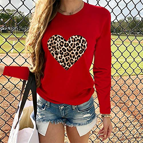 Womens Oversized Leopard Love Printed Sweatshirts Long Sleeve Cozy Breathable T-Shirts Heart-Shape Winter Warm Pullovers Red