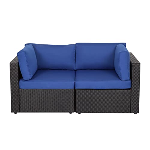 J-SUN-7 Wicker Loveseat 2 Piece,Patio Sectional Furniture Corner Sofa,All-Weather Wicker Loveseats Outdoor Rattan Couch Set Conversation Sets（Dark Blue）