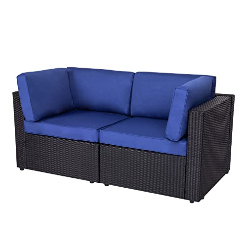 J-SUN-7 Wicker Loveseat 2 Piece,Patio Sectional Furniture Corner Sofa,All-Weather Wicker Loveseats Outdoor Rattan Couch Set Conversation Sets（Dark Blue）