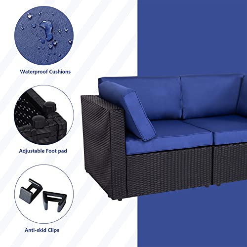 J-SUN-7 Wicker Loveseat 2 Piece,Patio Sectional Furniture Corner Sofa,All-Weather Wicker Loveseats Outdoor Rattan Couch Set Conversation Sets（Dark Blue）