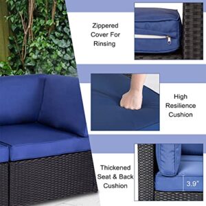 J-SUN-7 Wicker Loveseat 2 Piece,Patio Sectional Furniture Corner Sofa,All-Weather Wicker Loveseats Outdoor Rattan Couch Set Conversation Sets（Dark Blue）