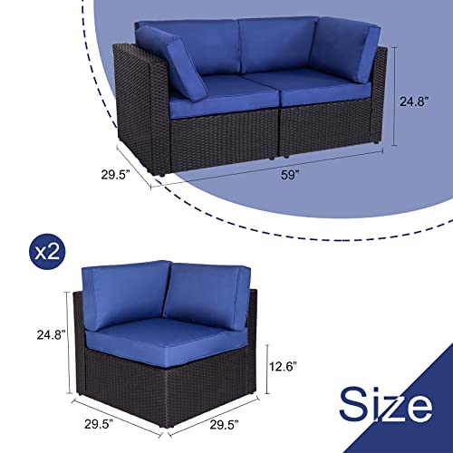 J-SUN-7 Wicker Loveseat 2 Piece,Patio Sectional Furniture Corner Sofa,All-Weather Wicker Loveseats Outdoor Rattan Couch Set Conversation Sets（Dark Blue）