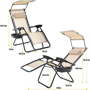 FDW 2 PCS Zero Gravity Chair Lounge Chairs Patio Chairs with Canopy Cup Holder for Outdoor Patio Seaside (Tan)