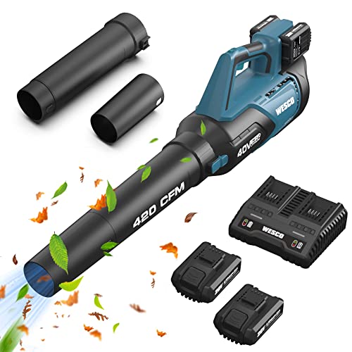 Leaf Blower, WESCO 40V Max Cordless Leaf Blower with Battery and Fast Charger, 420 CFM, 2 x 20V 2.0Ah Li-ion Battery, Handheld Sweeper for Blowing Leaves, Dust, Debris