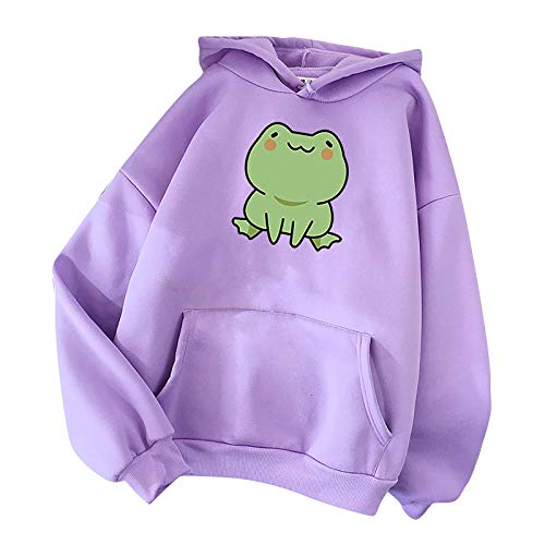 ylioge Women's Cute Fashion Hooded Sweatshirts Long Sleeve Pocket Funny Frog Print Pullovers Ladies Solid Animal Blouses Top Purple