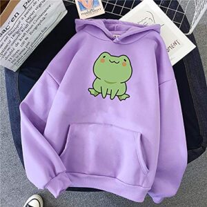 ylioge Women's Cute Fashion Hooded Sweatshirts Long Sleeve Pocket Funny Frog Print Pullovers Ladies Solid Animal Blouses Top Purple