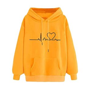 fashion hooded sweatshirts for women long sleeve drawstring pocket classic pullovers electrocardiogram casual shirt tops yellow