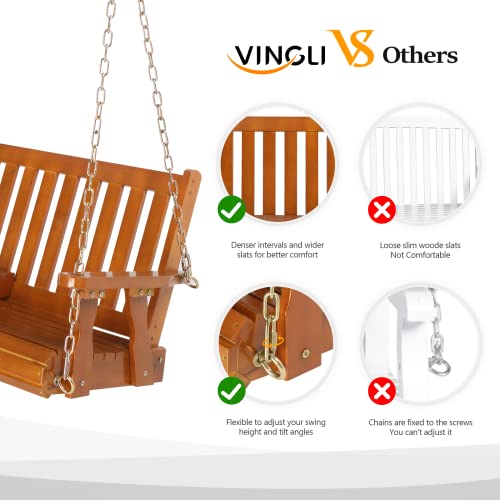 VINGLI Heavy Duty 880 LBS Wooden Patio Porch Swing with Cup Holder, 5 FT Well-Finished Outdoor Swing Chair Bench with Adjustable Chains for Porch, Yard, Balcony, Tree