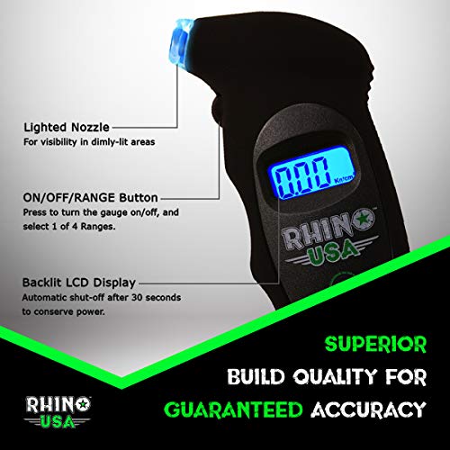 Rhino USA Digital Tire Pressure Gauge 150 PSI, 4 Ranges, Ergonomic Design w/Lighted Nozzle & LCD Backlit Display - Certified Accurate Readings, Best Digital Gage (Black)
