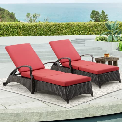 BNEHS Patio Lounge Chair, Chaise Lounge Outdoor, Rattan Sun Chair with Adjustable Back& Removable Cushions, Suitable for Poolside, Porch, Garden, Set of 2 Red