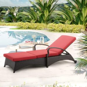 BNEHS Patio Lounge Chair, Chaise Lounge Outdoor, Rattan Sun Chair with Adjustable Back& Removable Cushions, Suitable for Poolside, Porch, Garden, Set of 2 Red