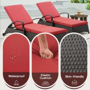 BNEHS Patio Lounge Chair, Chaise Lounge Outdoor, Rattan Sun Chair with Adjustable Back& Removable Cushions, Suitable for Poolside, Porch, Garden, Set of 2 Red