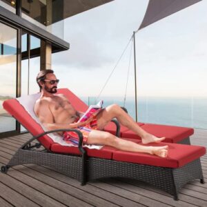 BNEHS Patio Lounge Chair, Chaise Lounge Outdoor, Rattan Sun Chair with Adjustable Back& Removable Cushions, Suitable for Poolside, Porch, Garden, Set of 2 Red