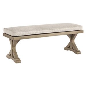 signature design by ashley beachcroft patio farmhouse outdoor upholstered dining bench, beige
