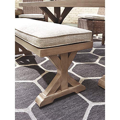 Signature Design by Ashley Beachcroft Patio Farmhouse Outdoor Upholstered Dining Bench, Beige