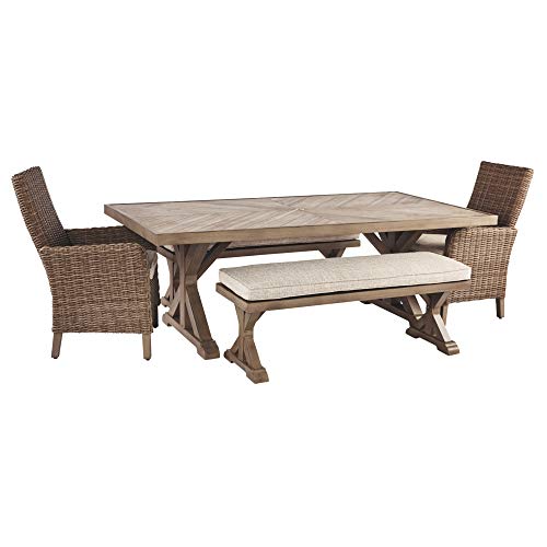 Signature Design by Ashley Beachcroft Patio Farmhouse Outdoor Upholstered Dining Bench, Beige