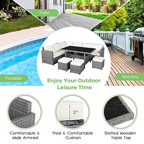 RELAX4LIFE 7 PCS Wicker Patio Furniture Set Outdoor Rattan Sofa Set All Weather with Dining Table & Ottomans Soft Cushions for Backyard Garden Poolside Balcony Sectional Conversation Couch Set (White)