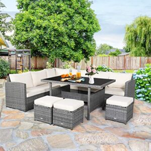 RELAX4LIFE 7 PCS Wicker Patio Furniture Set Outdoor Rattan Sofa Set All Weather with Dining Table & Ottomans Soft Cushions for Backyard Garden Poolside Balcony Sectional Conversation Couch Set (White)