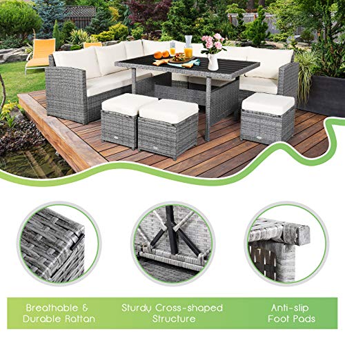 RELAX4LIFE 7 PCS Wicker Patio Furniture Set Outdoor Rattan Sofa Set All Weather with Dining Table & Ottomans Soft Cushions for Backyard Garden Poolside Balcony Sectional Conversation Couch Set (White)