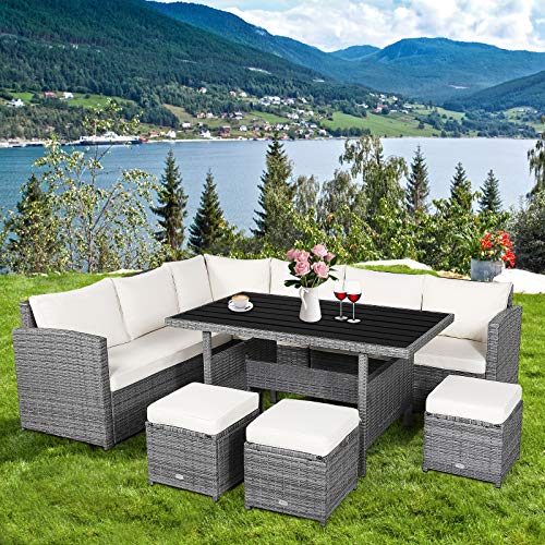 RELAX4LIFE 7 PCS Wicker Patio Furniture Set Outdoor Rattan Sofa Set All Weather with Dining Table & Ottomans Soft Cushions for Backyard Garden Poolside Balcony Sectional Conversation Couch Set (White)