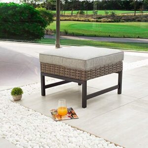 lokatse home outdoor patio bistro furniture ottoman footstool rest with premium fabric soft removable cushion and wicker rattan with slatted steel for garden yard lawn poolside, grey