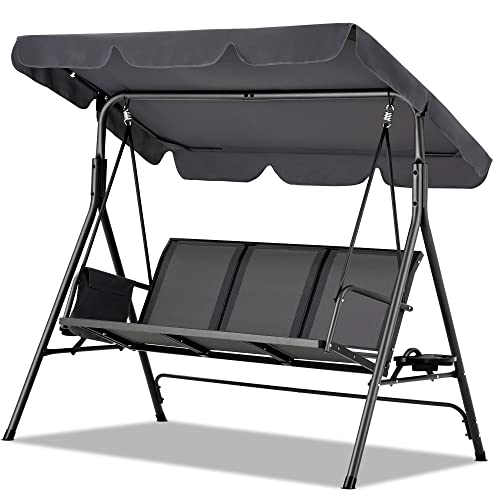 Haddockway 3-Seater Outdoor Adjustable Canopy Swing Chair,Porch Swing with Stand,Armrests,Textilene Fabric,Steel Frame,Patio Swing with Canopy for Garden,Backyard,Balcony,Poolside (Deep Grey)