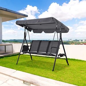 Haddockway 3-Seater Outdoor Adjustable Canopy Swing Chair,Porch Swing with Stand,Armrests,Textilene Fabric,Steel Frame,Patio Swing with Canopy for Garden,Backyard,Balcony,Poolside (Deep Grey)