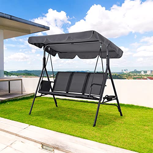 Haddockway 3-Seater Outdoor Adjustable Canopy Swing Chair,Porch Swing with Stand,Armrests,Textilene Fabric,Steel Frame,Patio Swing with Canopy for Garden,Backyard,Balcony,Poolside (Deep Grey)