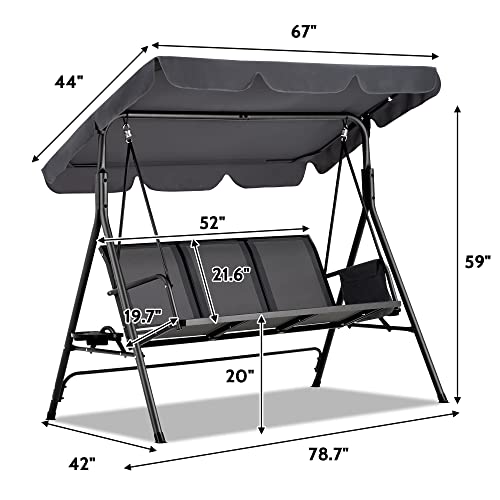 Haddockway 3-Seater Outdoor Adjustable Canopy Swing Chair,Porch Swing with Stand,Armrests,Textilene Fabric,Steel Frame,Patio Swing with Canopy for Garden,Backyard,Balcony,Poolside (Deep Grey)