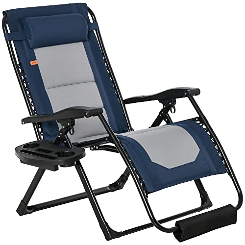 Outsunny Foldable Outdoor Lounge Chair with Footrest, Oversized Padded Zero Gravity Lounge Chair with Headrest, Side Tray, Cup Holders, Armrests for Camping, Lawn, Garden, Blue