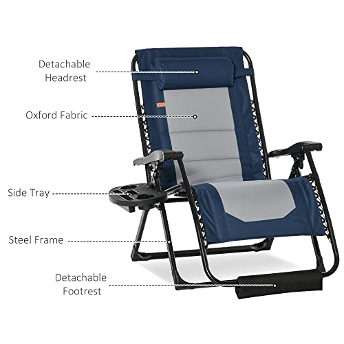 Outsunny Foldable Outdoor Lounge Chair with Footrest, Oversized Padded Zero Gravity Lounge Chair with Headrest, Side Tray, Cup Holders, Armrests for Camping, Lawn, Garden, Blue