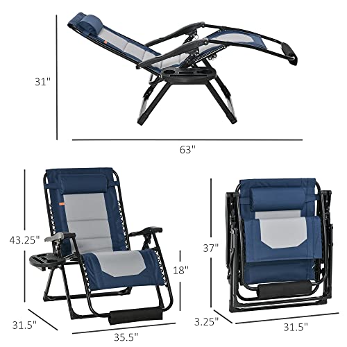 Outsunny Foldable Outdoor Lounge Chair with Footrest, Oversized Padded Zero Gravity Lounge Chair with Headrest, Side Tray, Cup Holders, Armrests for Camping, Lawn, Garden, Blue