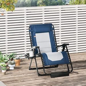 Outsunny Foldable Outdoor Lounge Chair with Footrest, Oversized Padded Zero Gravity Lounge Chair with Headrest, Side Tray, Cup Holders, Armrests for Camping, Lawn, Garden, Blue