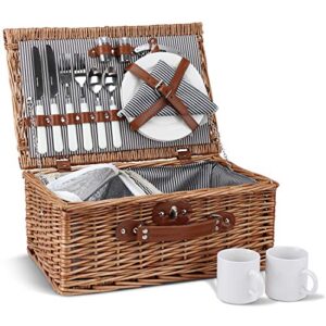 picnic basket for 2, willow hamper set with insulated compartment, handmade large wicker picnic basket set with utensils cutlery – perfect for picnic, camping, or any other outdoor