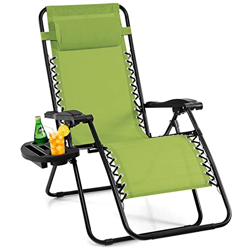 Giantex Zero Gravity Reclining Chair, Outdoor Patio Recliner with Cup Holder & Removable Pillow, Adjustable Backrest, Indoor Lounge Chair for Backyard, Garden, Poolside (Green)