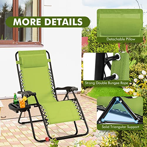 Giantex Zero Gravity Reclining Chair, Outdoor Patio Recliner with Cup Holder & Removable Pillow, Adjustable Backrest, Indoor Lounge Chair for Backyard, Garden, Poolside (Green)