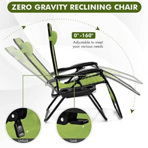 Giantex Zero Gravity Reclining Chair, Outdoor Patio Recliner with Cup Holder & Removable Pillow, Adjustable Backrest, Indoor Lounge Chair for Backyard, Garden, Poolside (Green)