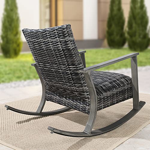 Ulax Furniture Outdoor Wicker Rocking Chair, All- Weather Outside Rattan Furniture, Club Rocker Chair with Armrest for Garden, Patio, Balcony and Backyard (Grey)