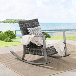 Ulax Furniture Outdoor Wicker Rocking Chair, All- Weather Outside Rattan Furniture, Club Rocker Chair with Armrest for Garden, Patio, Balcony and Backyard (Grey)