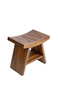 the teaky hut teak wood waterproof shower bench – with shelf, curved, 18 inch, wooden seat stool for bathroom, spa, garden, fully assembled