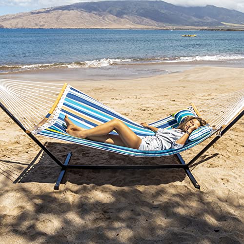 SUPERJARE Hammock with Stand, 2 Person Heavy Duty Hammock Frame, Detachable Pillow & Strong Curved-Bar & Portable Carrying Bag, Perfect for Outdoor & Indoor - Dark Cyan