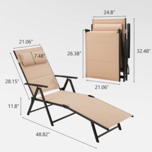 BNEHS Outdoor Lounge Chairs Set of 2, Folding Patio Lounge Chair, Tanning Chairs for Outside with Adjustable Back & Footrest, Suitable for Backyard, Poolside, Beach, Garden (Beige)