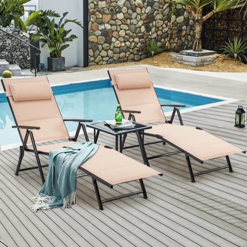 BNEHS Outdoor Lounge Chairs Set of 2, Folding Patio Lounge Chair, Tanning Chairs for Outside with Adjustable Back & Footrest, Suitable for Backyard, Poolside, Beach, Garden (Beige)