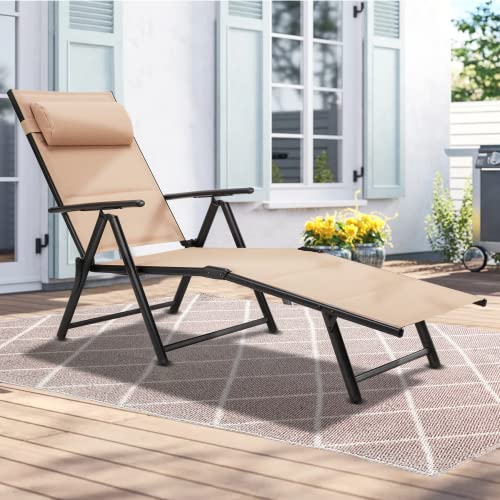 BNEHS Outdoor Lounge Chairs Set of 2, Folding Patio Lounge Chair, Tanning Chairs for Outside with Adjustable Back & Footrest, Suitable for Backyard, Poolside, Beach, Garden (Beige)