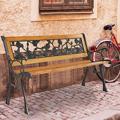 YIQIEDEY Outdoor Garden Bench Park Bench Porch Bench Chair w/Cast Iron & Hardwood Structure, 50" Metal Patio Furniture Weather Proof Loveseat for Backyard Deck Lawn Poolside