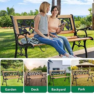 YIQIEDEY Outdoor Garden Bench Park Bench Porch Bench Chair w/Cast Iron & Hardwood Structure, 50" Metal Patio Furniture Weather Proof Loveseat for Backyard Deck Lawn Poolside