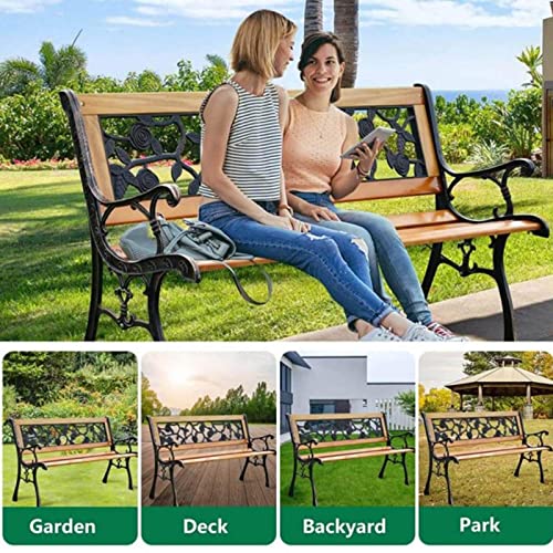 YIQIEDEY Outdoor Garden Bench Park Bench Porch Bench Chair w/Cast Iron & Hardwood Structure, 50" Metal Patio Furniture Weather Proof Loveseat for Backyard Deck Lawn Poolside