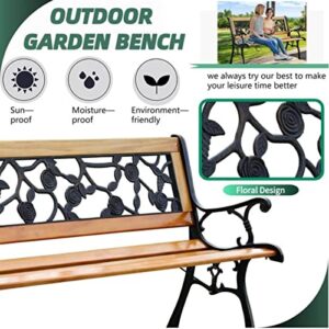 YIQIEDEY Outdoor Garden Bench Park Bench Porch Bench Chair w/Cast Iron & Hardwood Structure, 50" Metal Patio Furniture Weather Proof Loveseat for Backyard Deck Lawn Poolside