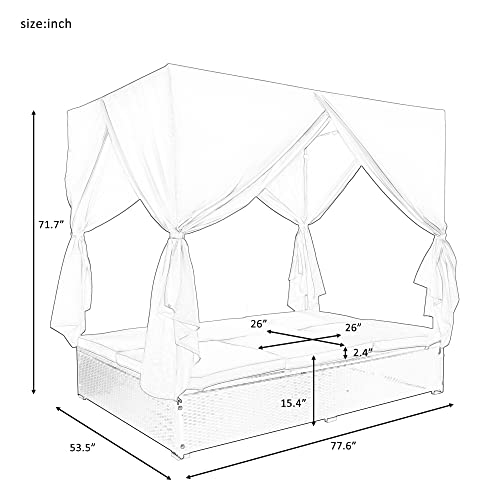VilroCaz Outdoor Rattan Daybed Patio Wicker Sunbed with Canopy/Overhead Curtains/Cushions, Wicker Patio Sofa Set with Adjustable Seats for Lawn Garden Backyard Poolside (Beige Cushions)